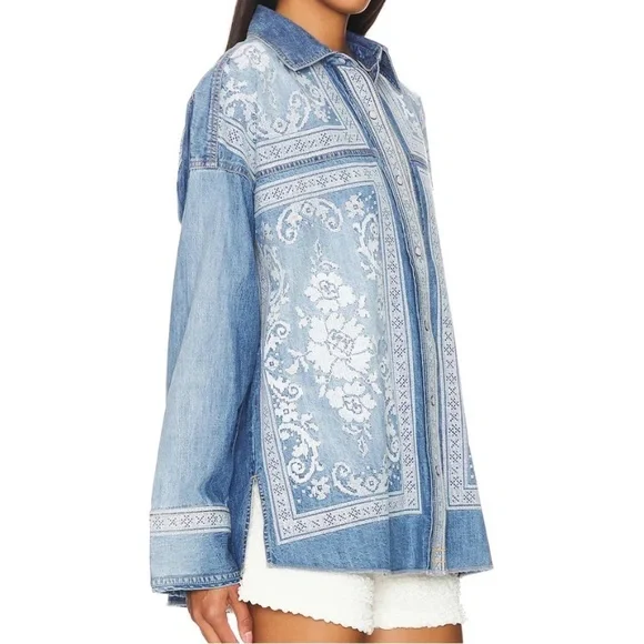 NWT FREE PEOPLE Lace Embroidered Denim Shirt size Medium - Picture 5 of 7
